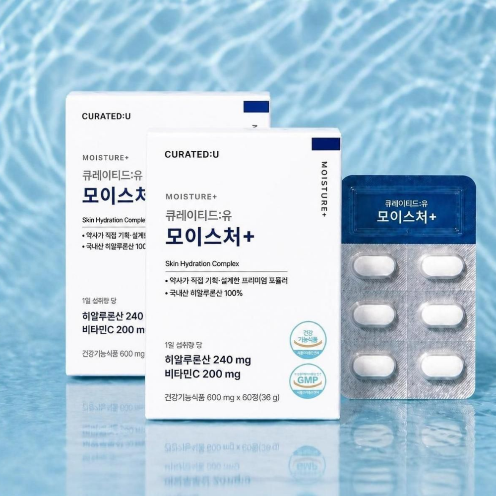 큐레이티드유 모이스처플러스 약사개발 먹는 히알루론산 피부보습 속건조 이너뷰티 60정, 2개 - 상품 이미지