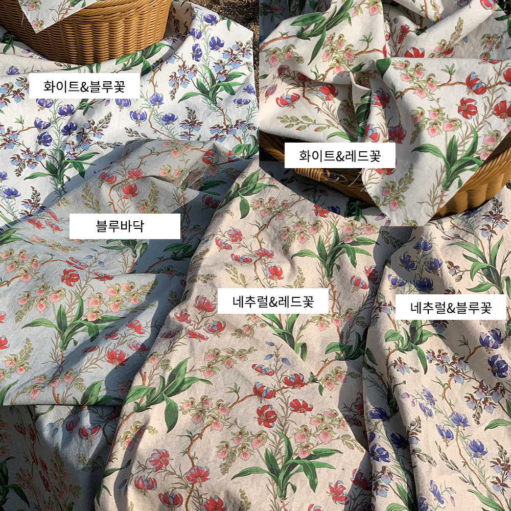 블루벨 15수 린넨원단 면혼방 꽃무늬 플라워 커튼 앞치마 테이블보 천 - 상세 이미지 2