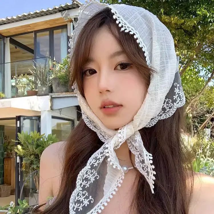 3색 레이스 커치프 헤어 스카프 삼각 두건 망사 시스루 스카프 반다나 보넷 머리띠 웨딩촬영 이미지 7