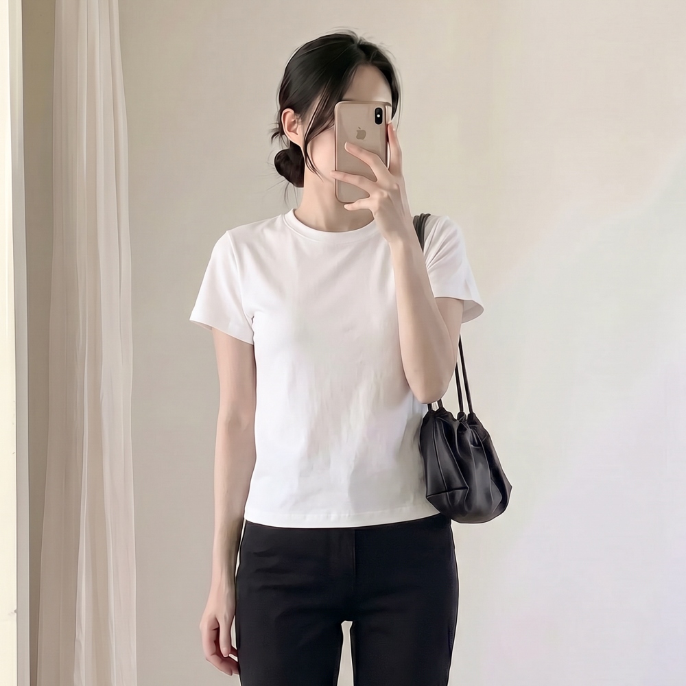 모달티셔츠 모달반팔티 흰티 세미크롭반팔티 - 상품 이미지