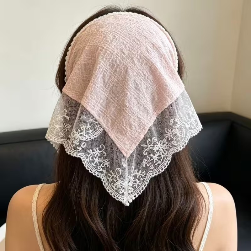 3색 레이스 커치프 헤어 스카프 삼각 두건 망사 시스루 스카프 반다나 보넷 머리띠 웨딩촬영 이미지 6