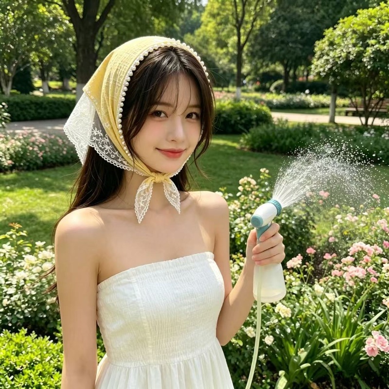 3색 레이스 커치프 헤어 스카프 삼각 두건 망사 시스루 스카프 반다나 보넷 머리띠 웨딩촬영 - 상세 이미지 4