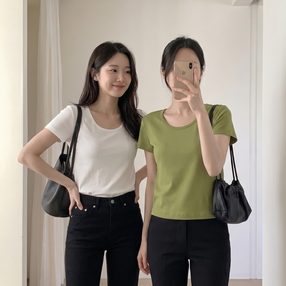 1+1 모달티셔츠 모달반팔티 U넥반팔티 흰티 - 상품 이미지