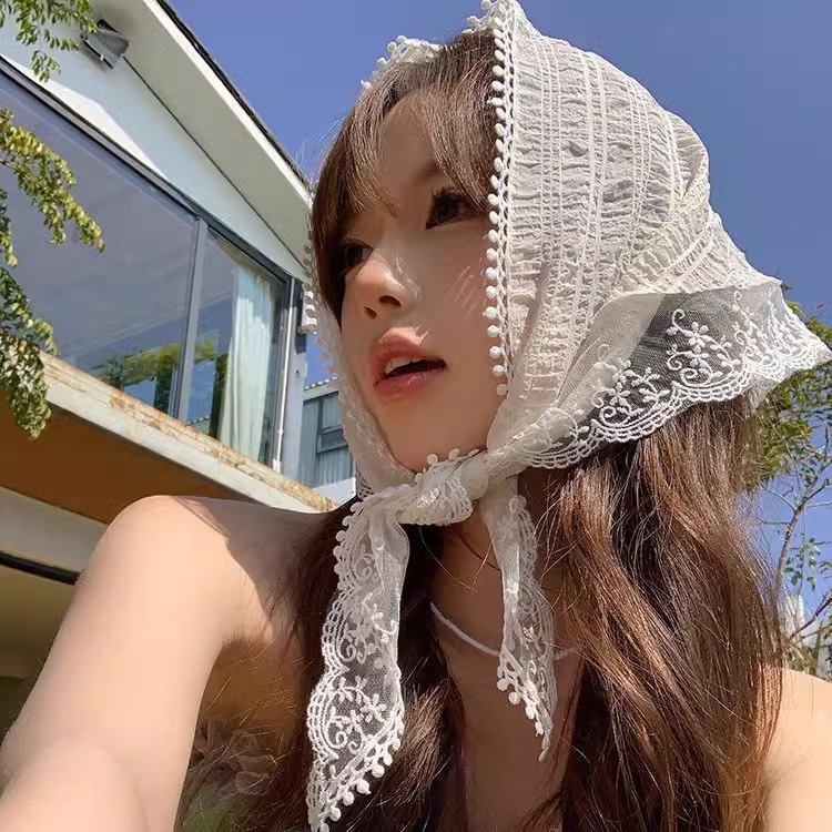 3색 레이스 커치프 헤어 스카프 삼각 두건 망사 시스루 스카프 반다나 보넷 머리띠 웨딩촬영 - 상세 이미지 2