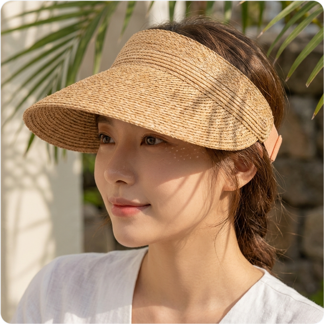 여성 천연 라피아 썬캡 uv 차단 여름 골프 라탄 썬 바이저 모자 - 상품 이미지