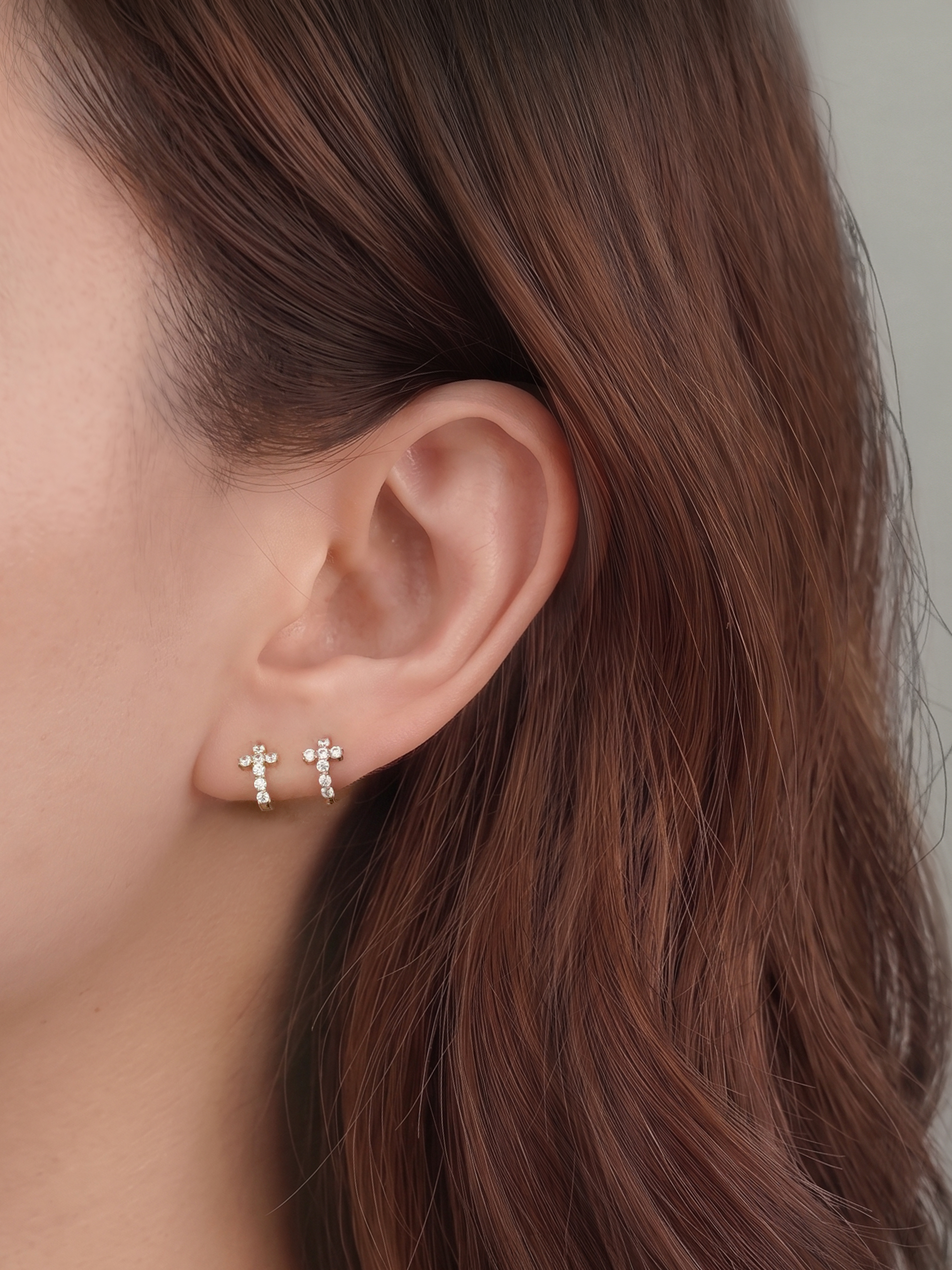 14K 미니 큐빅 십자가 원터치 링 피어싱 귀걸이 - 상세 이미지 4