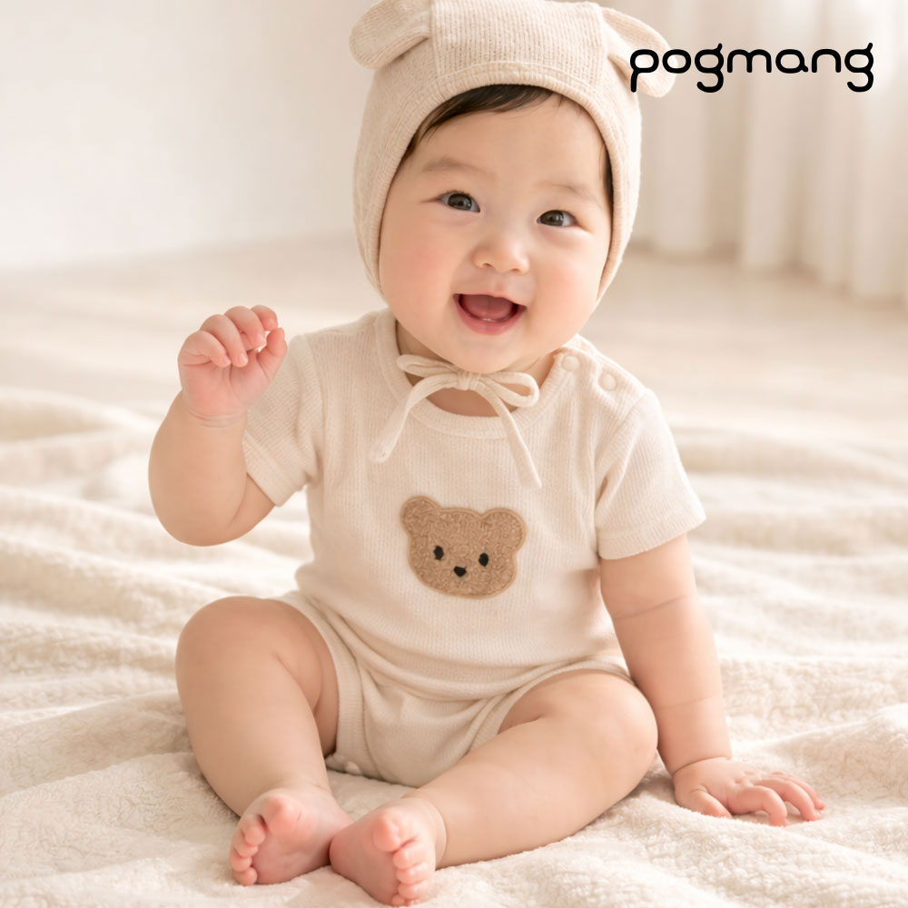 포그망 순면 바디수트 보넷 세트 보넷모자 곰 반팔 우주복 실내복 신생아 백일 남아 여아 - 상품 이미지