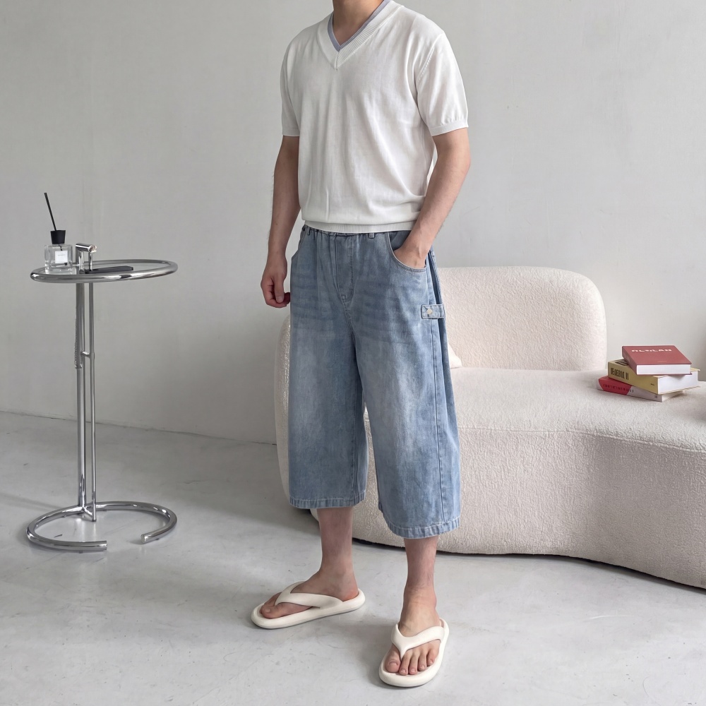 1+1 여름 남자버뮤다청반바지 와이드핏 밴딩 7부데님반바지 이미지 6