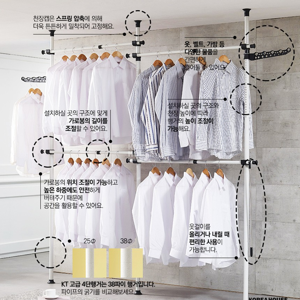 설치간편옷방정리기둥행거 좁은공간 높이조절천장고정폴행거 38mm - 상세 이미지 2