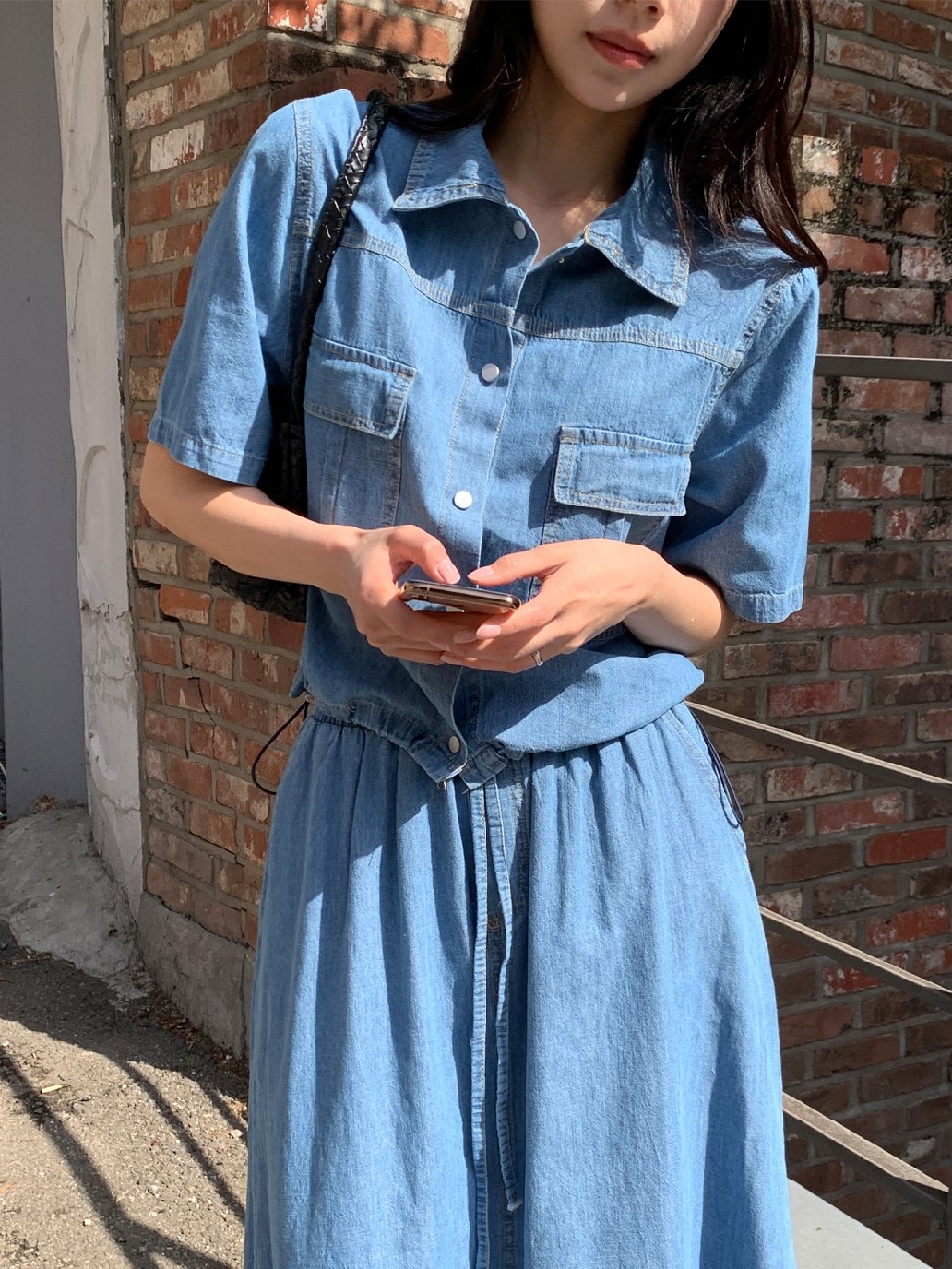 청청세트 데님셋업 데님투피스 휴양지 공항룩 여름 반팔 스커트 투피스세트 - 상세 이미지 2