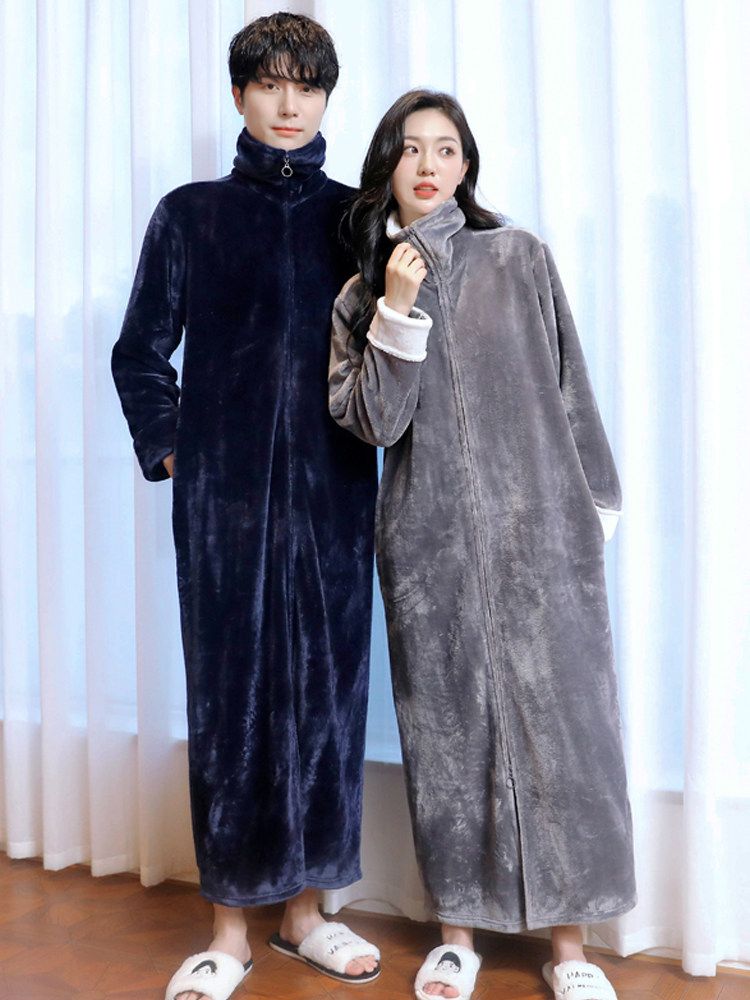 수면 잠옷 홈웨어 롱원피스 집업 가운 겨울잠옷 짙은 회색 - 여성 M - 상세 이미지 2