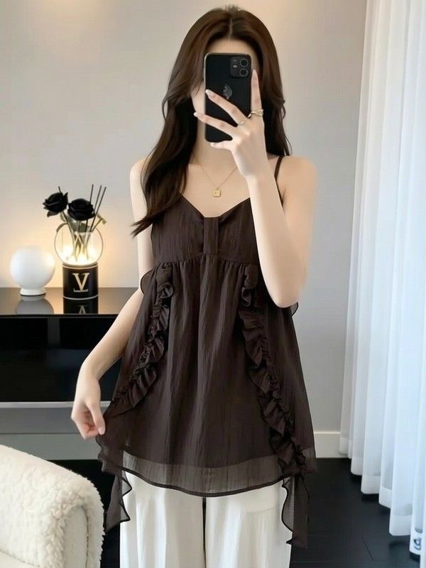 여성 플라워 나시 블라우스 리본 꽃무늬 민소매 탑 세련된 - 상세 이미지 3