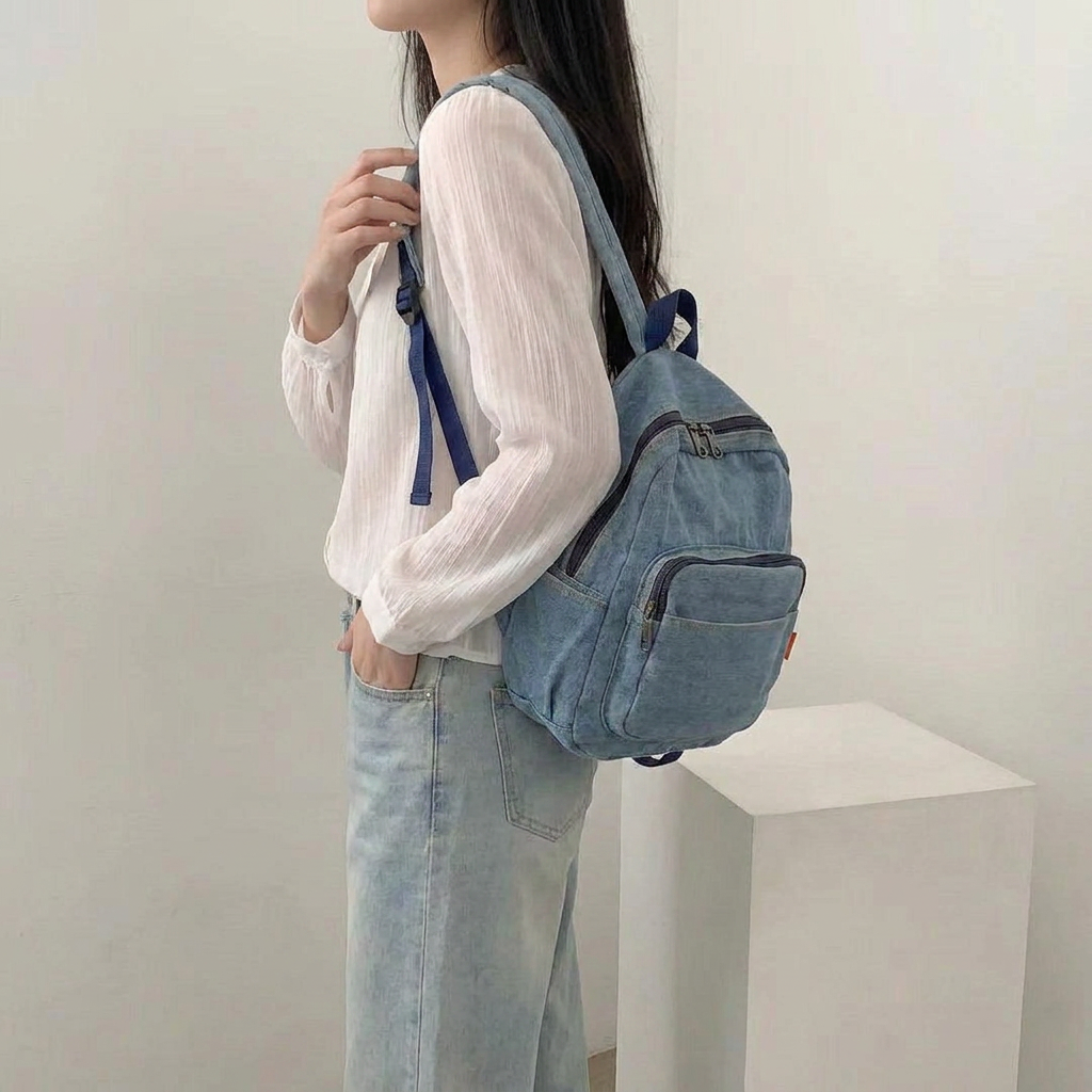 제이바바 데님 백팩 미니 청가방 캐주얼 학생 백팩 - 상세 이미지 3