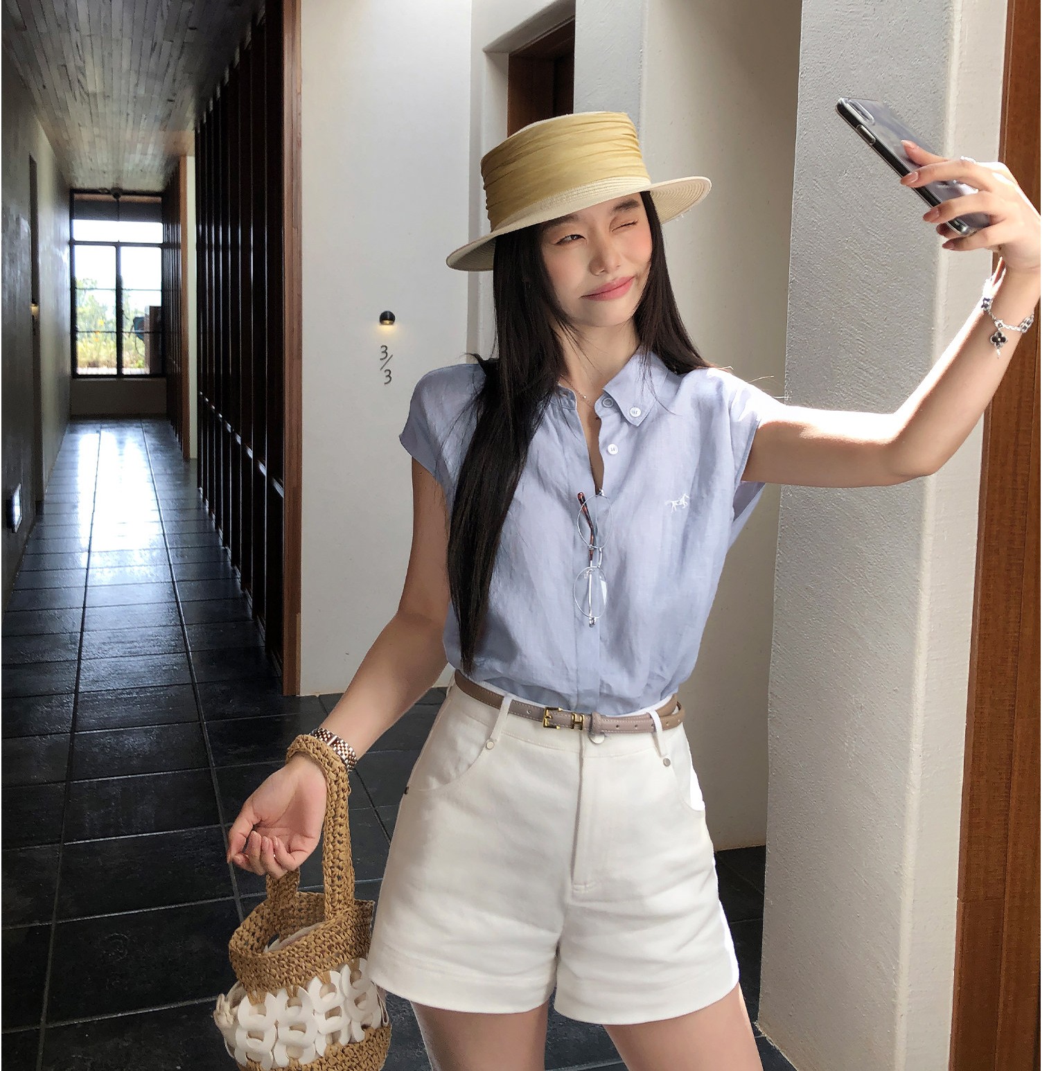 pusumede 린넨원단 100% 여성여름셔츠 카라 셔츠 블라우스 - 상품 이미지