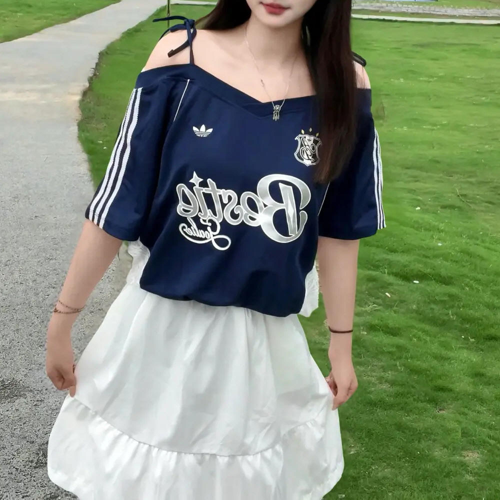 아디다스 오리지널 오프 숄더 반팔 티셔츠 블루 KU4756 - 상세 이미지 2