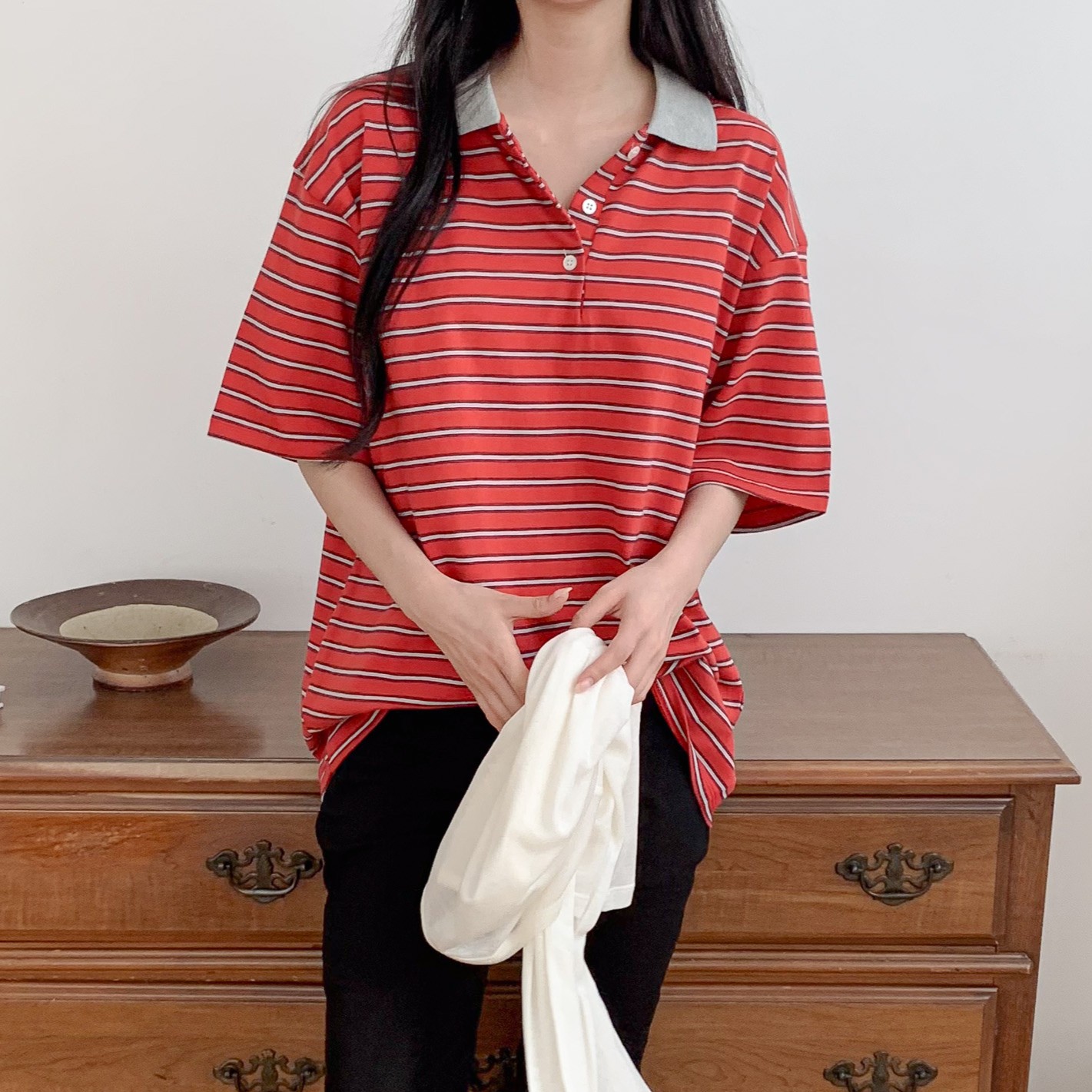 여성 럭비티셔츠 레트로 스트라이프 카라 반팔 루즈핏 데일리룩 럭비티 - 상품 이미지