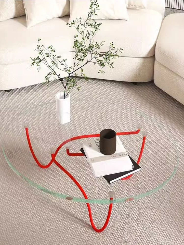 유리 원형 테이블 북유럽 미니 거실 사이드 티테이블 레드-지름 70cm 높이 35cm - 상세 이미지 2