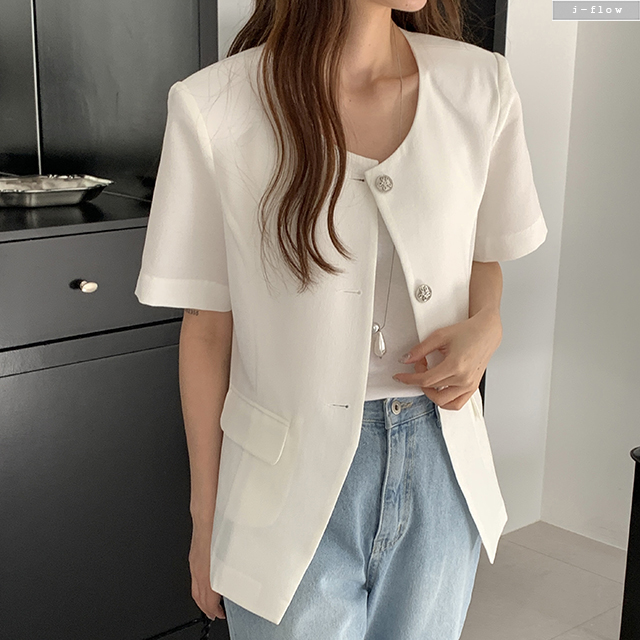 티렛 라운드 반팔 하프 자켓 2col 봄 여름 노카라 실버버튼 트임 라인 제이플로우 - 상세 이미지 4