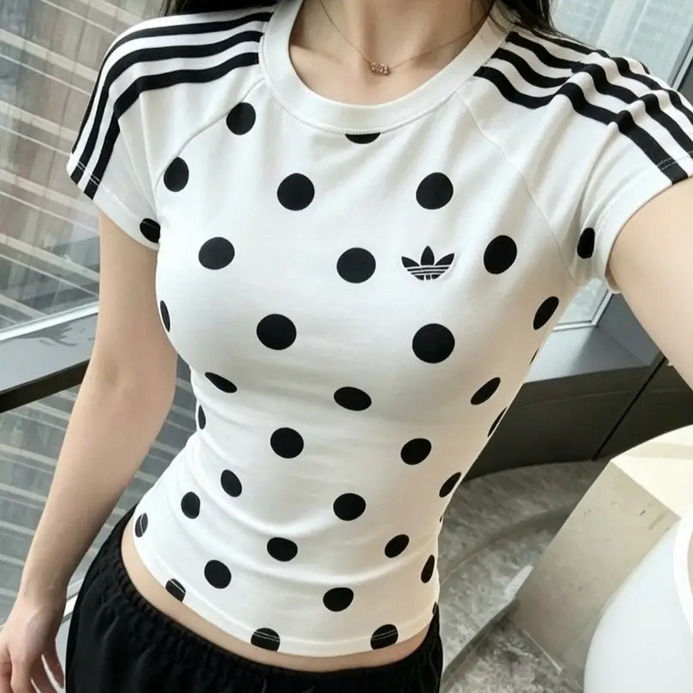아디다스 우먼스 폴카도트 슬림핏 칼리 반팔 티셔츠 화이트 KV1193 - 상품 이미지