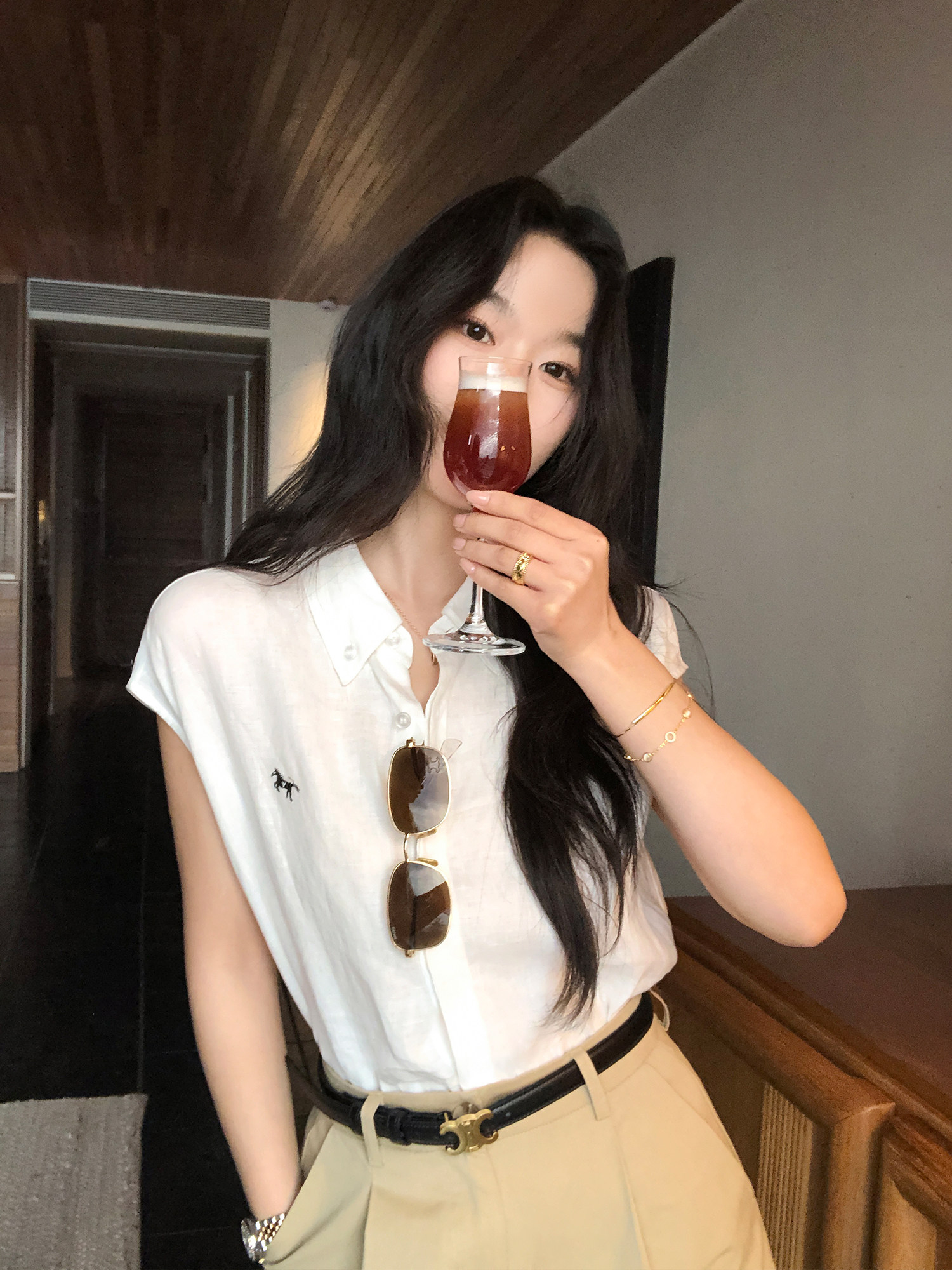 pusumede 린넨원단 100% 여성여름셔츠 카라 셔츠 블라우스 - 상세 이미지 4