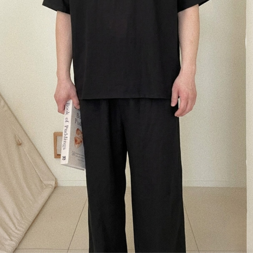 블랙 무형광 시원한 냉감 여름 홈웨어 잠옷 바이오워싱 순면 긴바지 - 상세 이미지 4