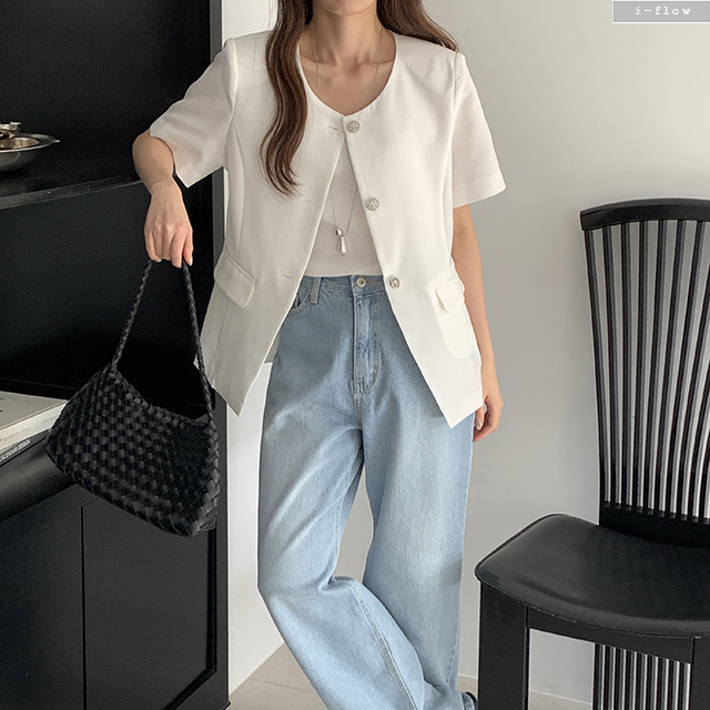 티렛 라운드 반팔 하프 자켓 2col 봄 여름 노카라 실버버튼 트임 라인 제이플로우 - 상세 이미지 5