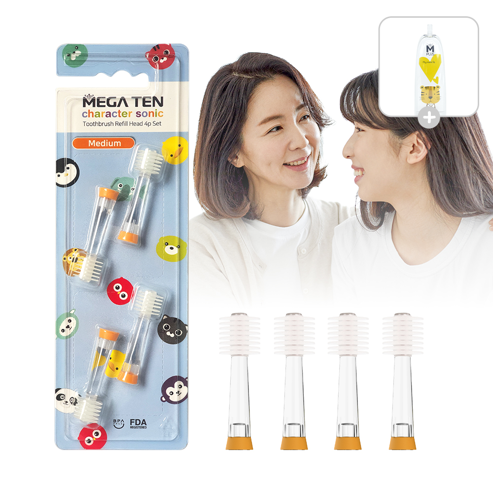 메가텐 리뉴얼 키즈 성인전동칫솔 360리필모 유아 칫솔 미디움 영구치용 4개입 손잡이 세트