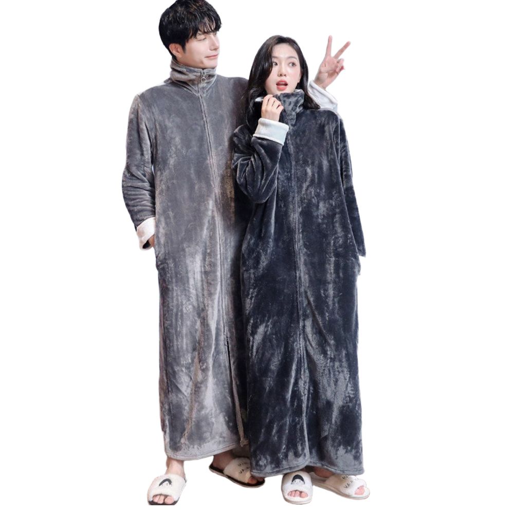수면 잠옷 홈웨어 롱원피스 집업 가운 겨울잠옷 짙은 회색 - 여성 M - 상품 이미지