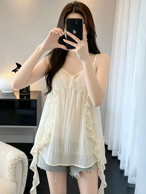여성 플라워 나시 블라우스 리본 꽃무늬 민소매 탑 세련된 - 상세 이미지 2