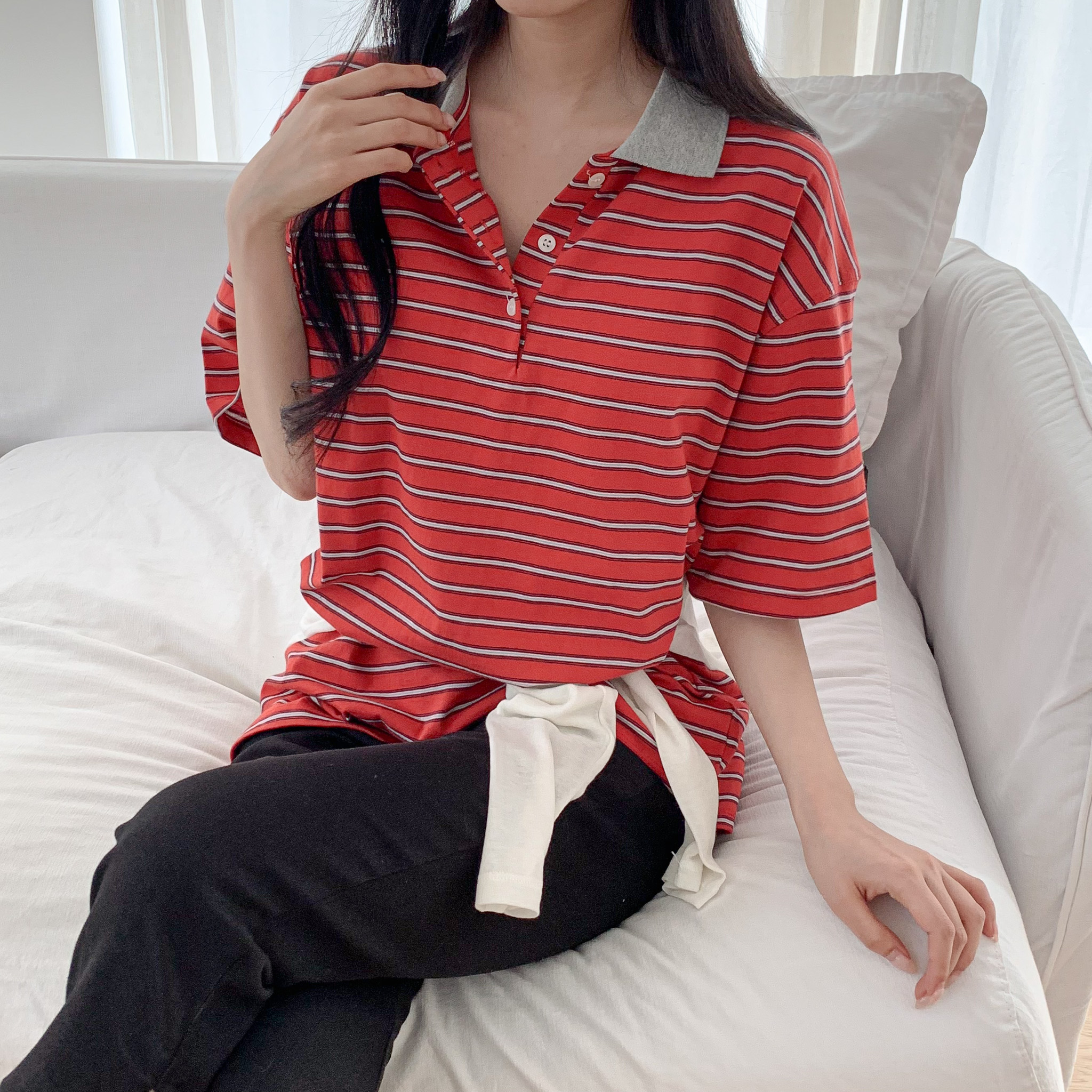 여성 럭비티셔츠 레트로 스트라이프 카라 반팔 루즈핏 데일리룩 럭비티 - 상세 이미지 3