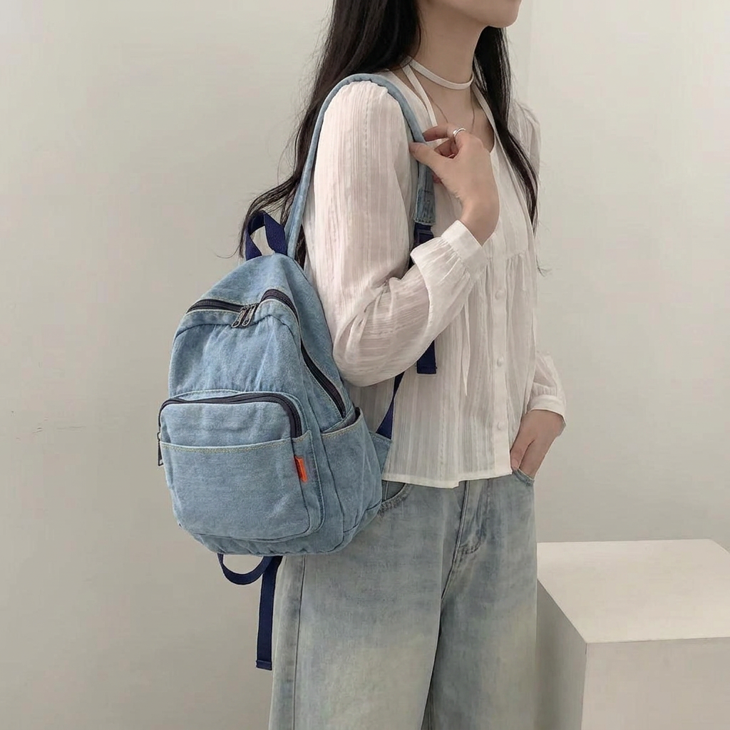 제이바바 데님 백팩 미니 청가방 캐주얼 학생 백팩 - 상세 이미지 4