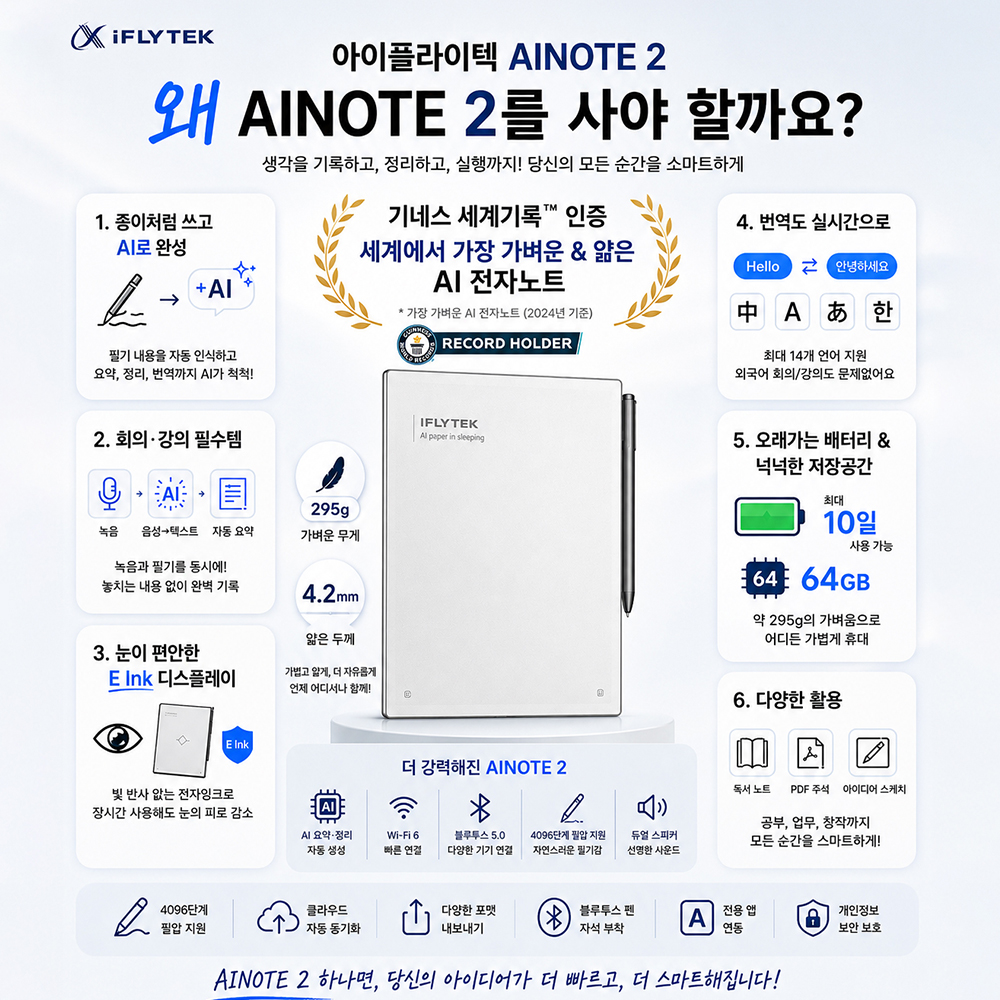 iFLYTEK AINOTE2 10.6인치 전자책 AI요약 텍스트 변환 번역 GPT-5 평생 무료 - 상세 이미지 2