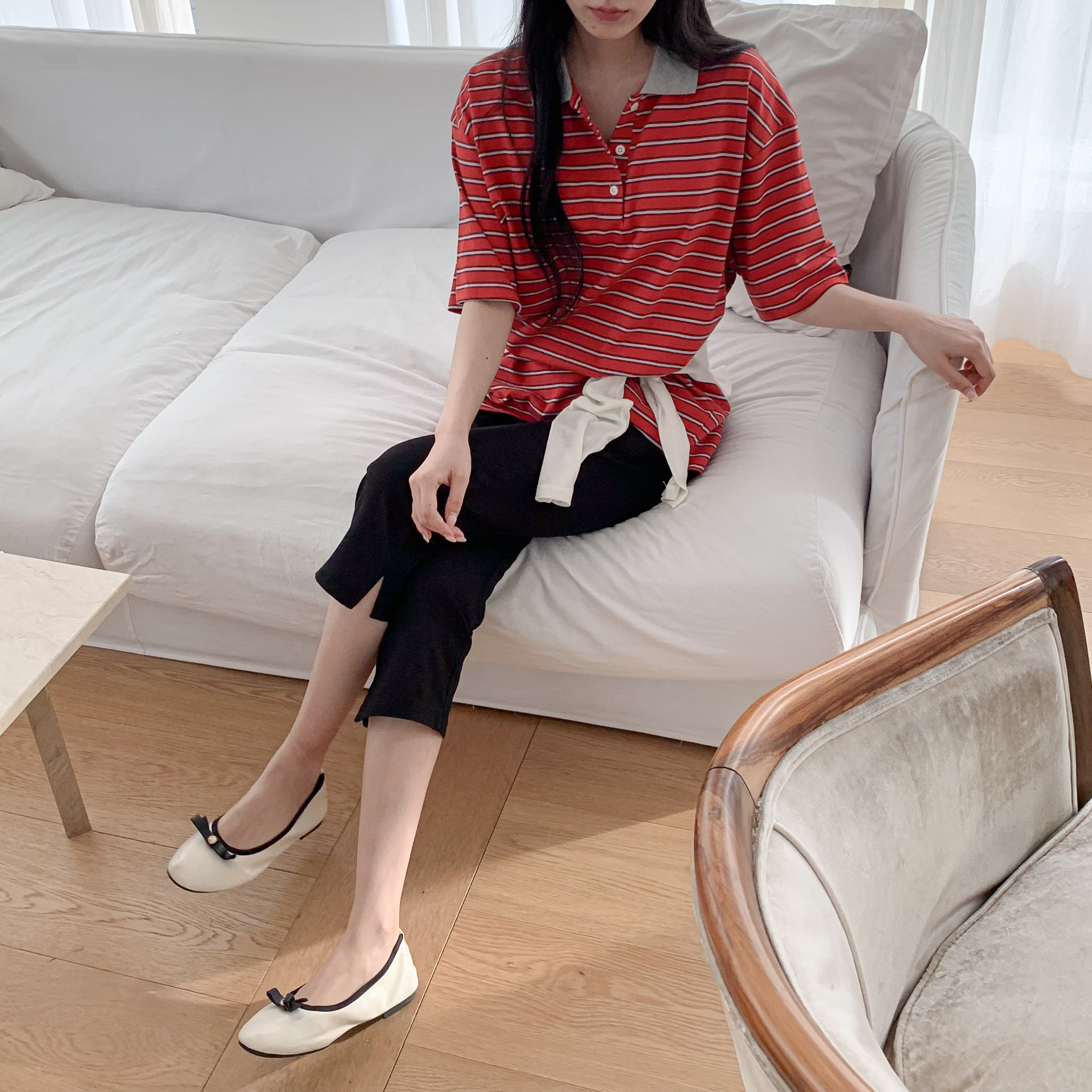 여성 럭비티셔츠 레트로 스트라이프 카라 반팔 루즈핏 데일리룩 럭비티 - 상세 이미지 2