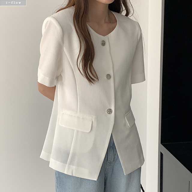 티렛 라운드 반팔 하프 자켓 2col 봄 여름 노카라 실버버튼 트임 라인 제이플로우 - 상세 이미지 2