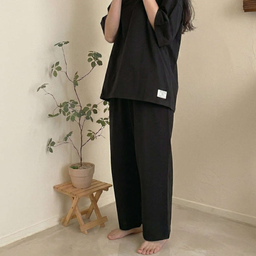 블랙 무형광 시원한 냉감 여름 홈웨어 잠옷 바이오워싱 순면 긴바지 - 상세 이미지 3
