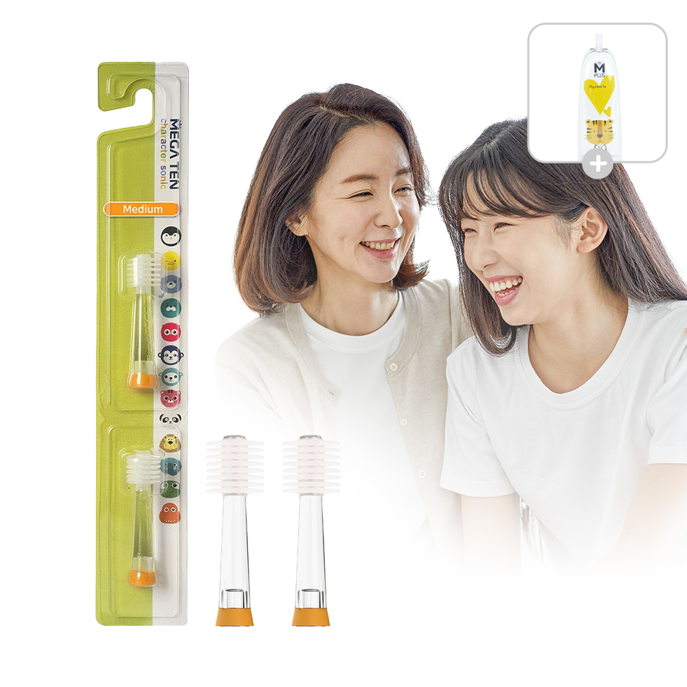 메가텐 리뉴얼 키즈 성인전동칫솔 360리필모 유아 칫솔 미디움 영구치용 2개입 손잡이 세트