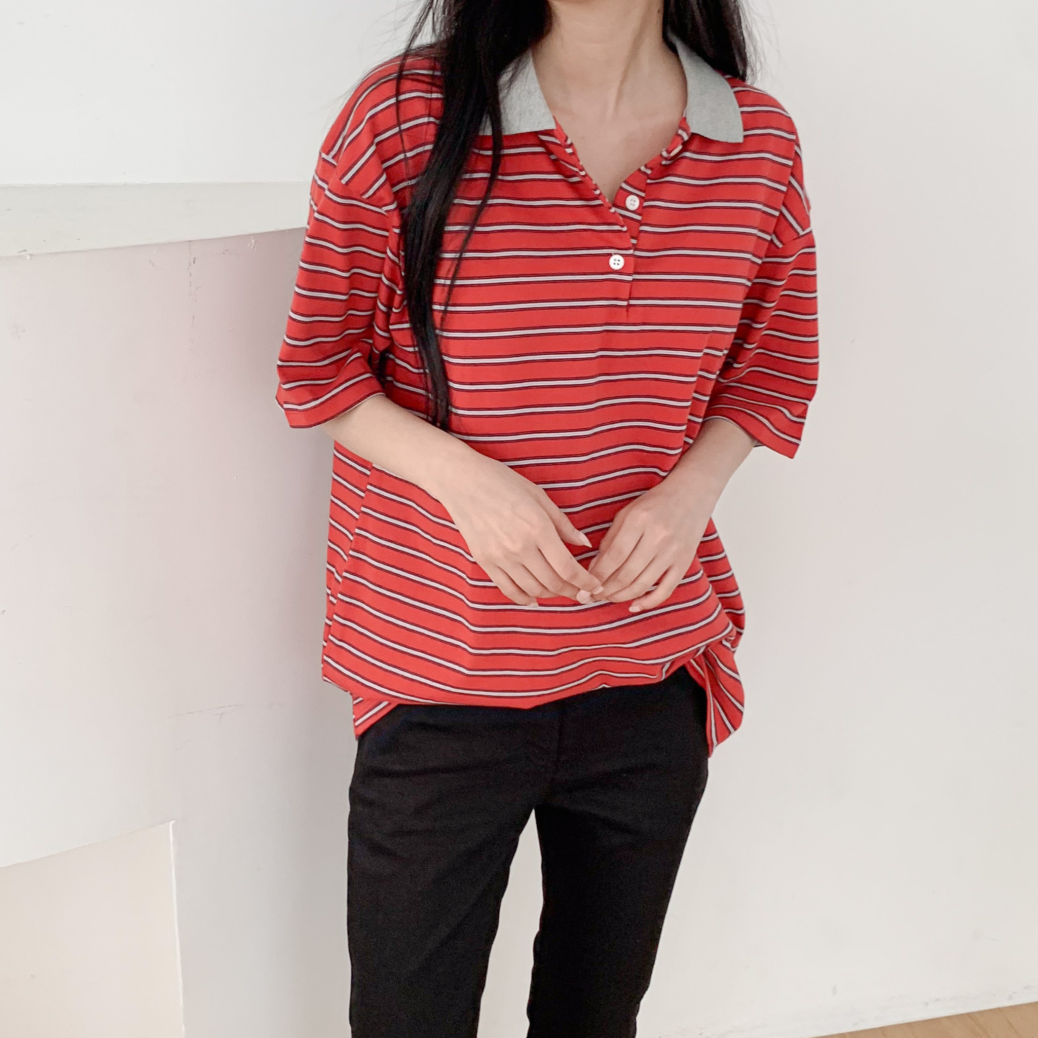 여성 럭비티셔츠 레트로 스트라이프 카라 반팔 루즈핏 데일리룩 럭비티 - 상세 이미지 4
