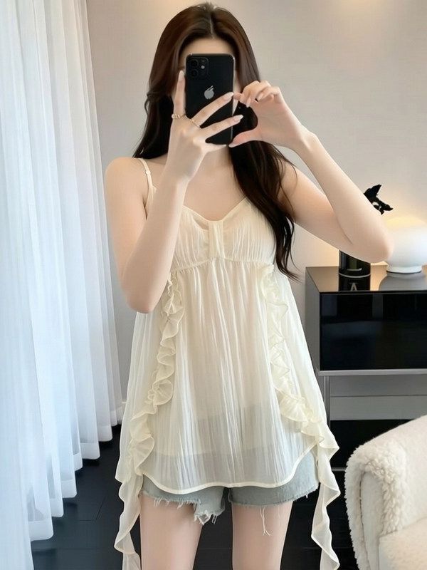 여성 플라워 나시 블라우스 리본 꽃무늬 민소매 탑 세련된 - 상세 이미지 4