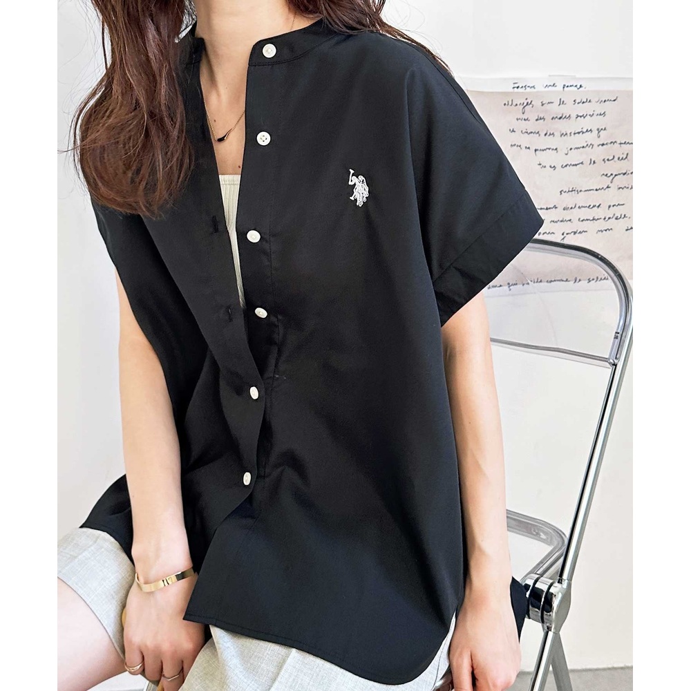 US POLO ASSN 여성 밴드카라 프렌치슬리브 반팔 셔츠 루즈핏 블라우스 - 상세 이미지 3