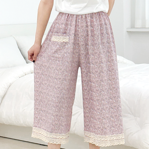 8부 할머니 바지 꽃무늬 플라워 봄 가을 팬츠 데일리 집에서 입는 편한 인견 잠옷 홈웨어 - 상품 이미지