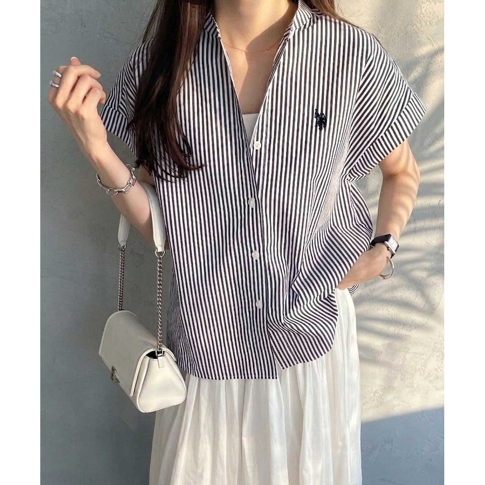 US POLO ASSN 여성 밴드카라 프렌치슬리브 반팔 셔츠 루즈핏 블라우스 - 상품 이미지