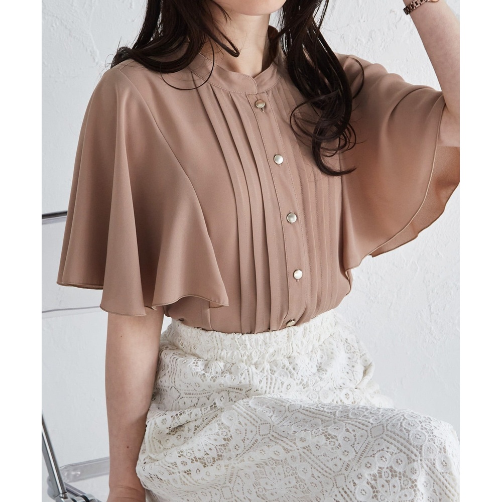 Ranan 여성 플라워 핀턱 플레어소매 반팔 블라우스 스탠드카라 오피스룩 이미지 6