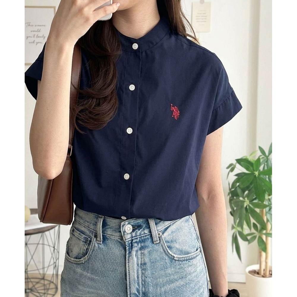 US POLO ASSN 여성 밴드카라 프렌치슬리브 반팔 셔츠 루즈핏 블라우스 이미지 6