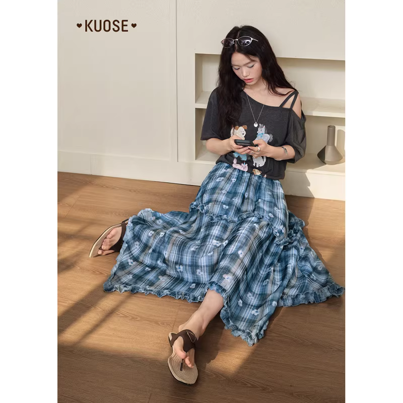 KUOSE 쿠오세 블루 체크 프릴 롱스커트 - 상세 이미지 4