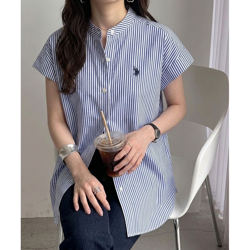US POLO ASSN 여성 밴드카라 프렌치슬리브 반팔 셔츠 루즈핏 블라우스 - 상세 이미지 5