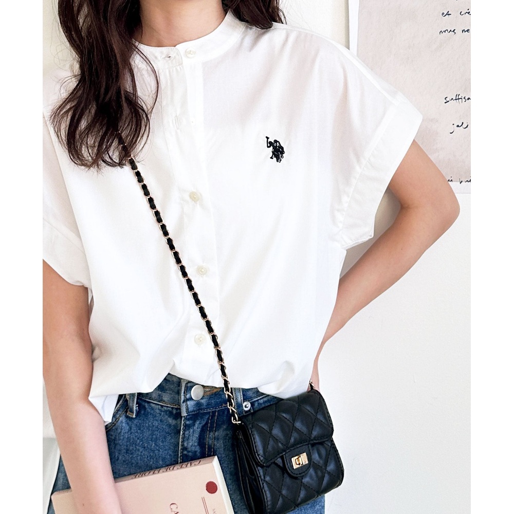 US POLO ASSN 여성 밴드카라 프렌치슬리브 반팔 셔츠 루즈핏 블라우스 - 상세 이미지 2