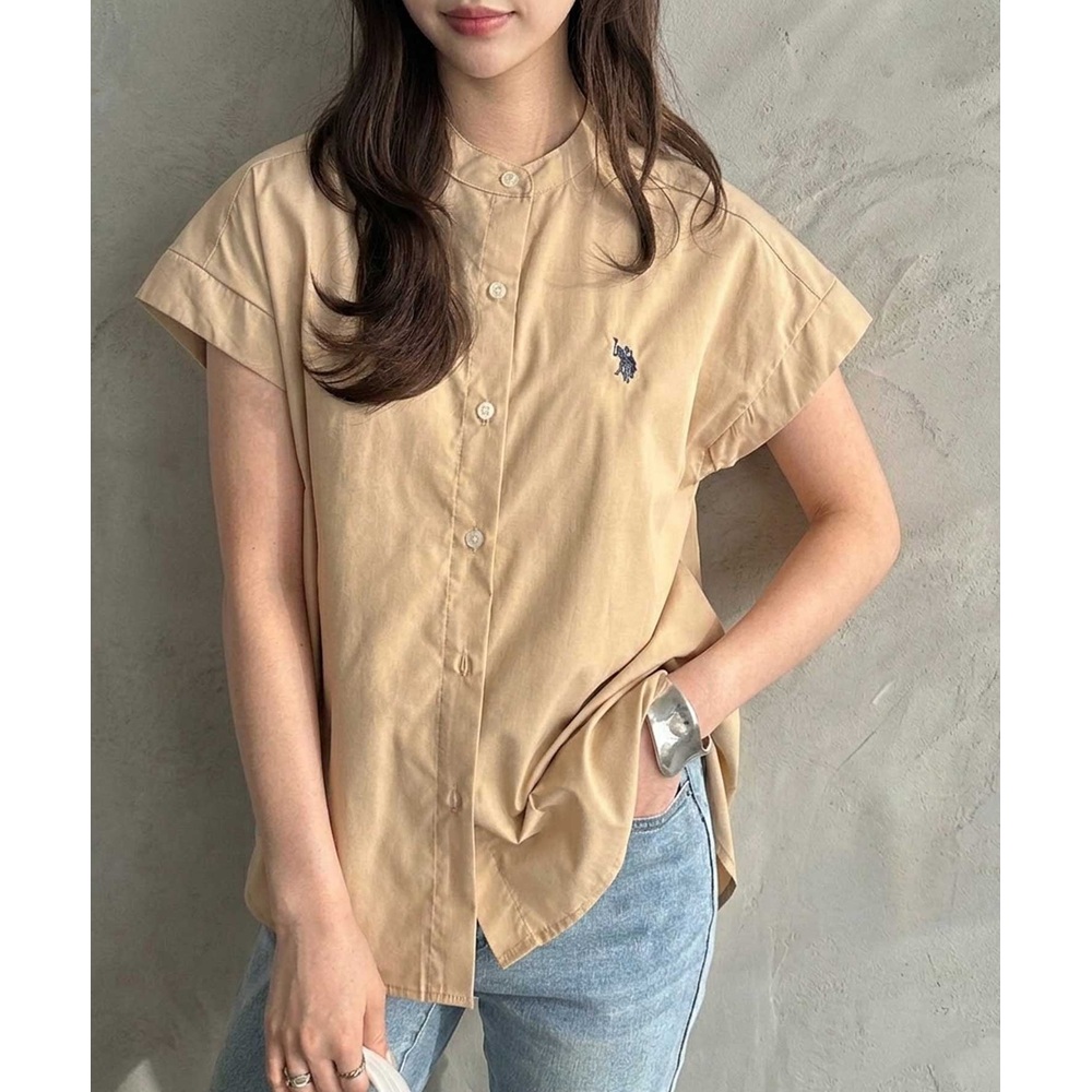 US POLO ASSN 여성 밴드카라 프렌치슬리브 반팔 셔츠 루즈핏 블라우스 - 상세 이미지 4