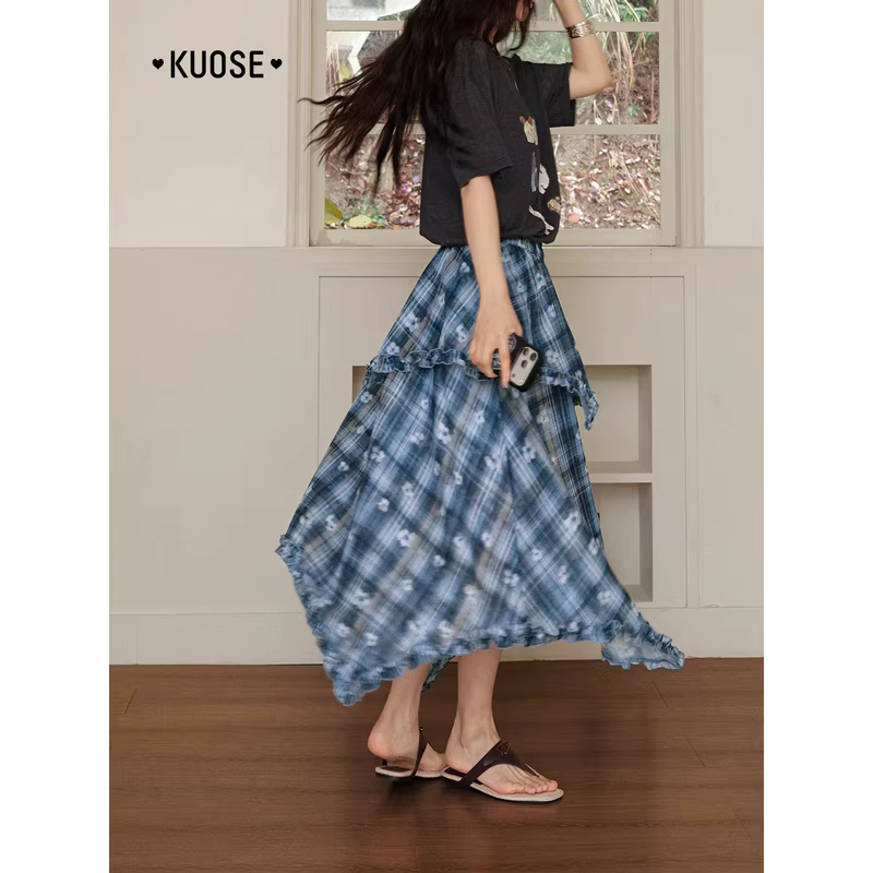KUOSE 쿠오세 블루 체크 프릴 언밸런스 롱 스커트 - 상세 이미지 3