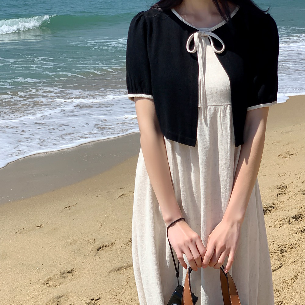 린넨 가디건 뷔스티에 롱원피스 세트 - 상품 이미지