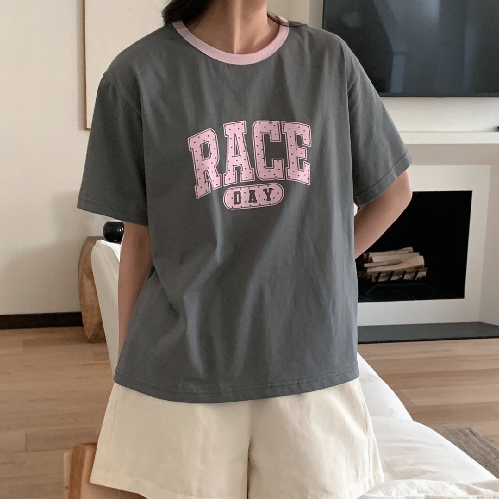 세미크롭티 여성반팔티 랍빠 도트 레터링 루즈핏 반팔 티셔츠 - 상품 이미지